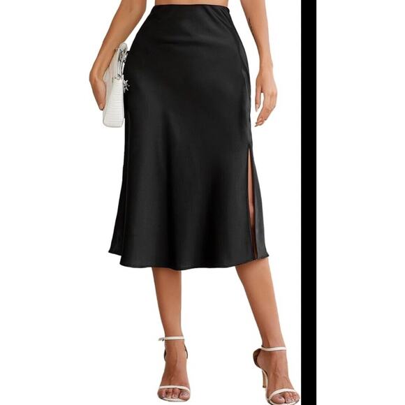 ALCEA ROSEA Women High Waist Silky Satin Midi Skirt Elastic Size L - Picture 1 of 11